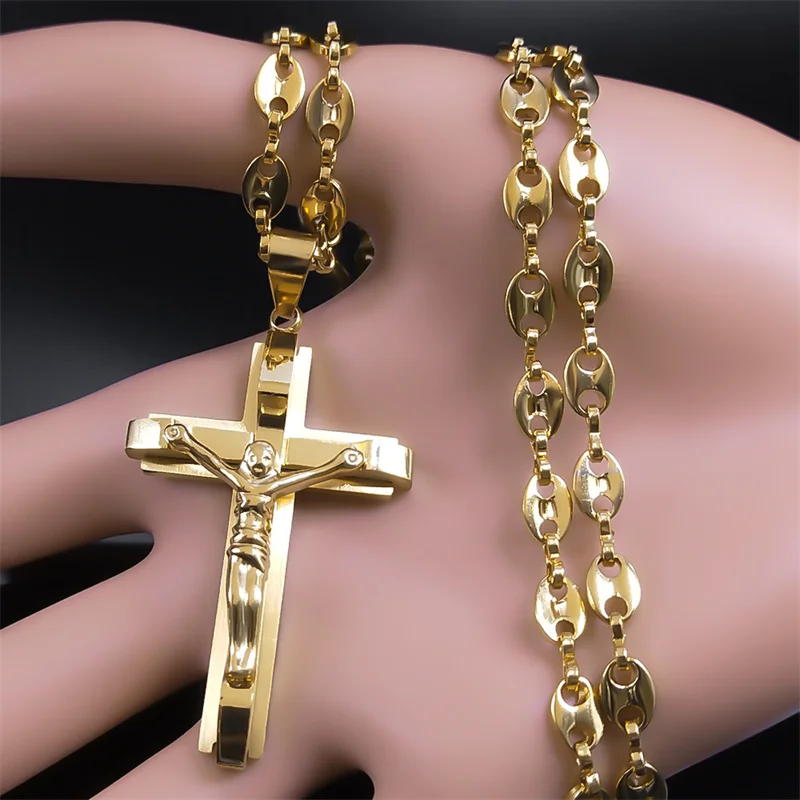 Collier Crucifix En Acier Inoxydable Pour Homme Et Femme - Pendentif Croix 4.5cm Avec Chaîne 60cm - Cadeau Religieux