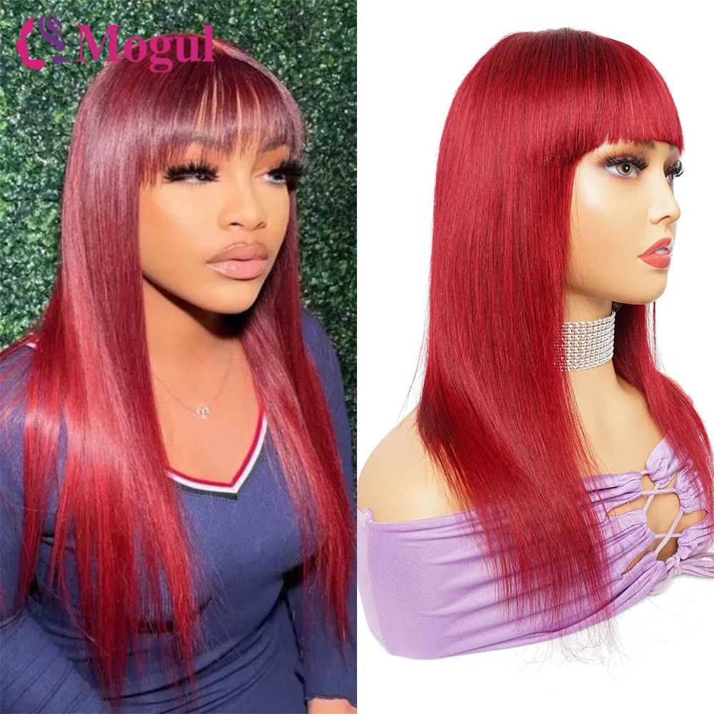 

Bone Straight Human Hair Wigs with Bang Fringe Colored 99J Full Machine Made Wigs For Women Glueless Wig Brazilian Remy Hair