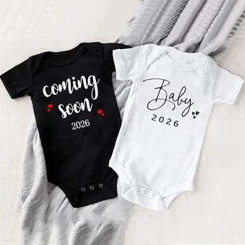 Baby Announcement Coming Soon 2026 Newborn Baby Bodysuits Summer Boys Girls Romper Body Pregnancy Reveal Clothes 1