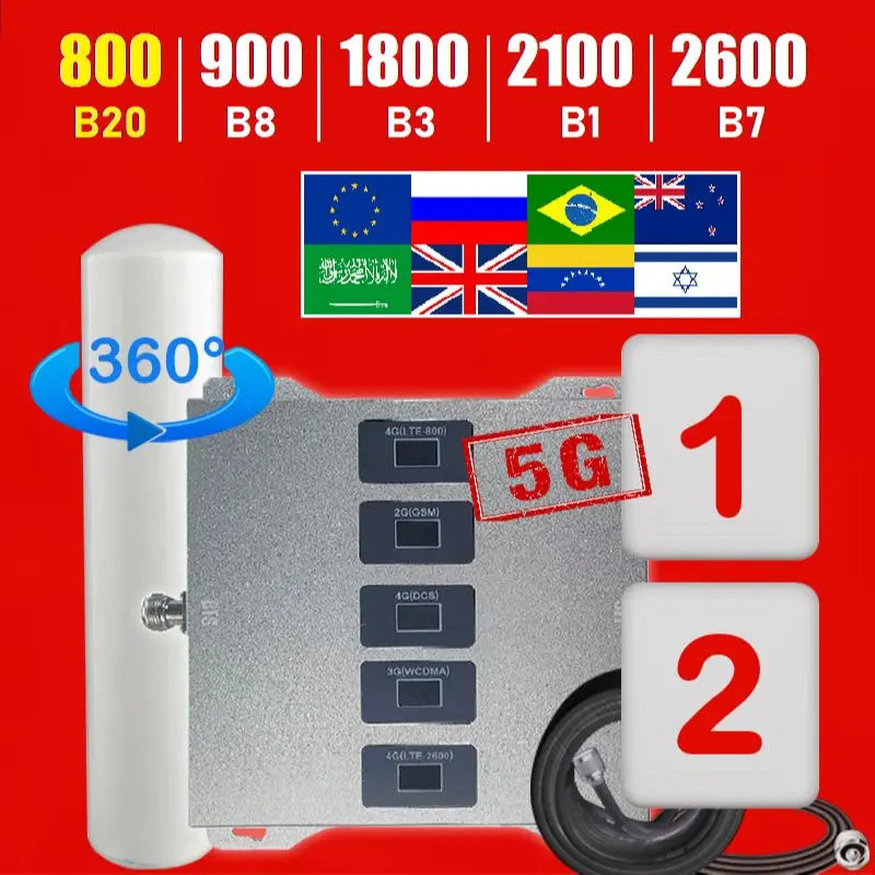 Купить 5-полосный Усилитель сотового сигнала europe Five репитер 3g 4G 5G band20 800 МГц B7 Band7 2600 30 дБ | Усилители сигнала (1005003694795555)