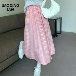 Gaodinglan Vintage Sweet Pink Plaid Print High Waist Women Skirt Summer Korean Versatile A Line Blue Splice Long Skirts Female