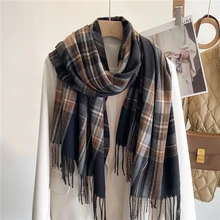  Luxury Plaid Scarf Winter Warm Cashmere Women Long Pashmina Foulard Female Scarves Lady Tassel Shawl Wraps 2022 Design New 