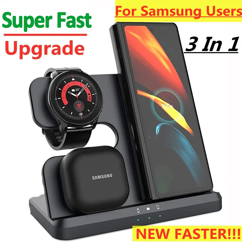 

Беспроводное зарядное устройство 3 в 1, подставка для Samsung Z Fold 3 S21 S20 Galaxy Watch 5 4 3 Active 2 S3 S4 Buds, 15 Вт