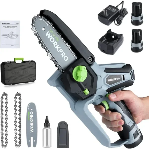 

WORKPRO Mini Chainsaw, 6.3“ Cordless Electric Compact Chain Saw with 2 Batteries, One-Hand Operated Portable Wood Saw