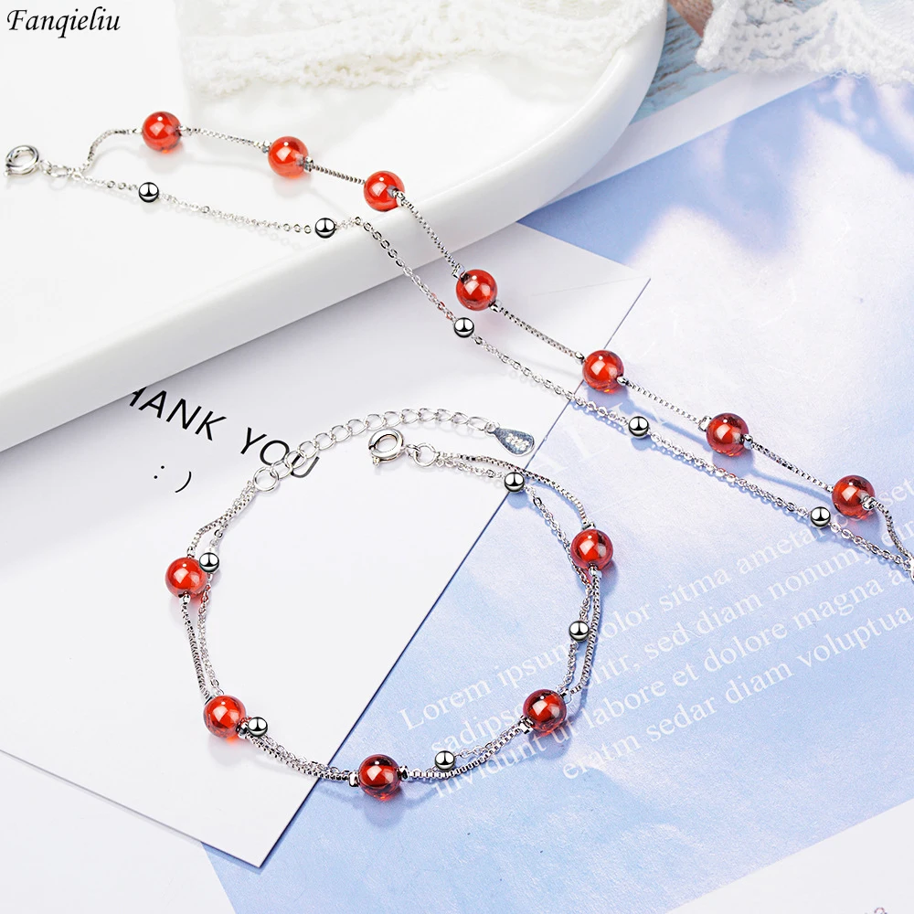 

Fanqieliu S925 Stamp Silver Color Double Extend Chain Agate Beads Bracelet For Women Trendy Jewelry Girl Gift New FQL22084