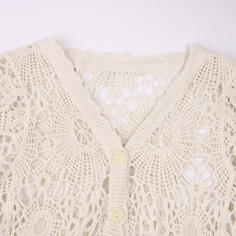 

E15E Women French Short Sleeve Lace Shrug Hollow Out Crochet Knit Cardigan V-Neck Button Down Sheer Crop for Jac