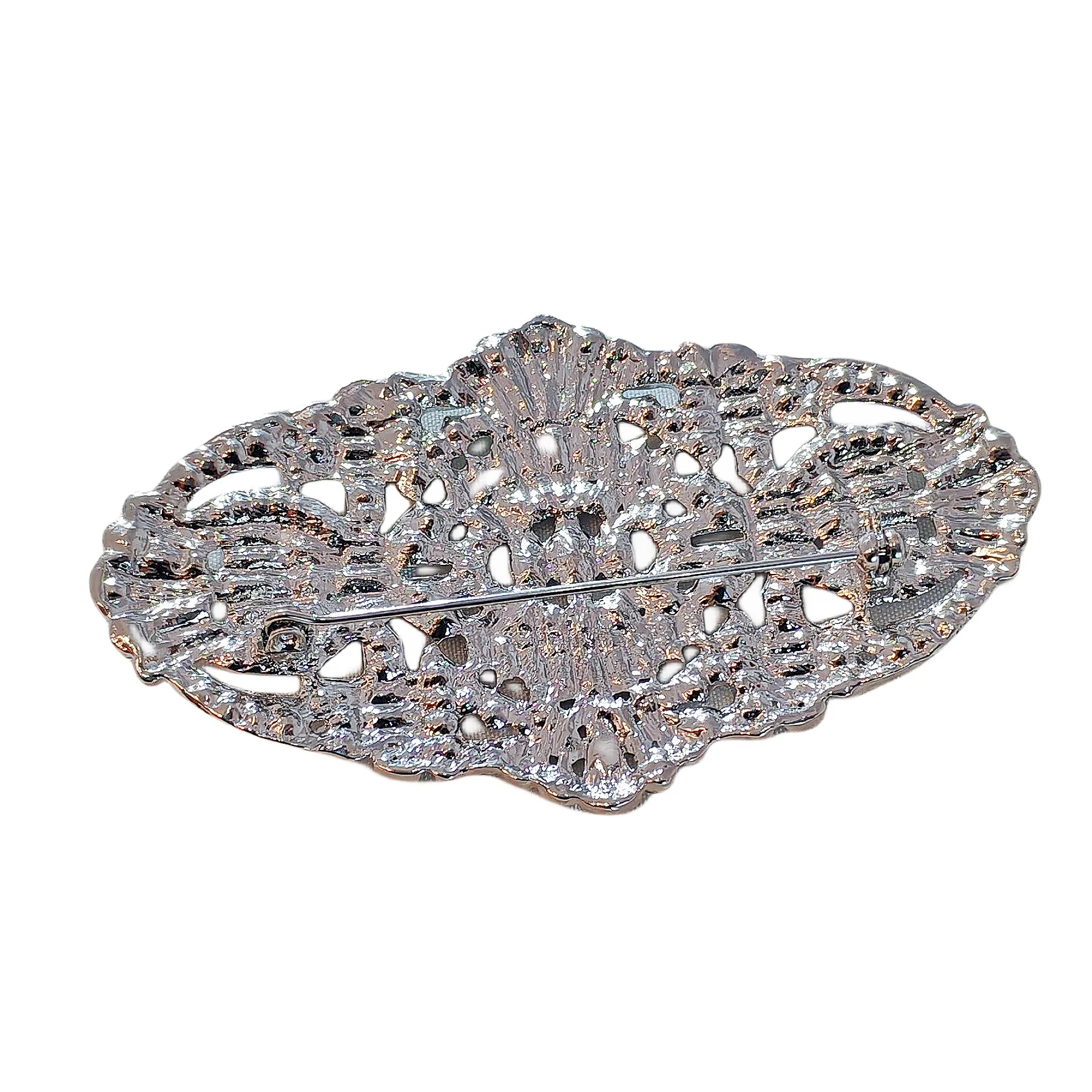 Edwardian Vintage Silver Tone Crystal Rhinestone Oval Art Deco Brooch Badge Pin Wedding Accessory