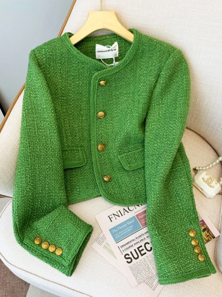 Autumn Korean Fashion Green Tweed Short Jacket Coat Women's Chic