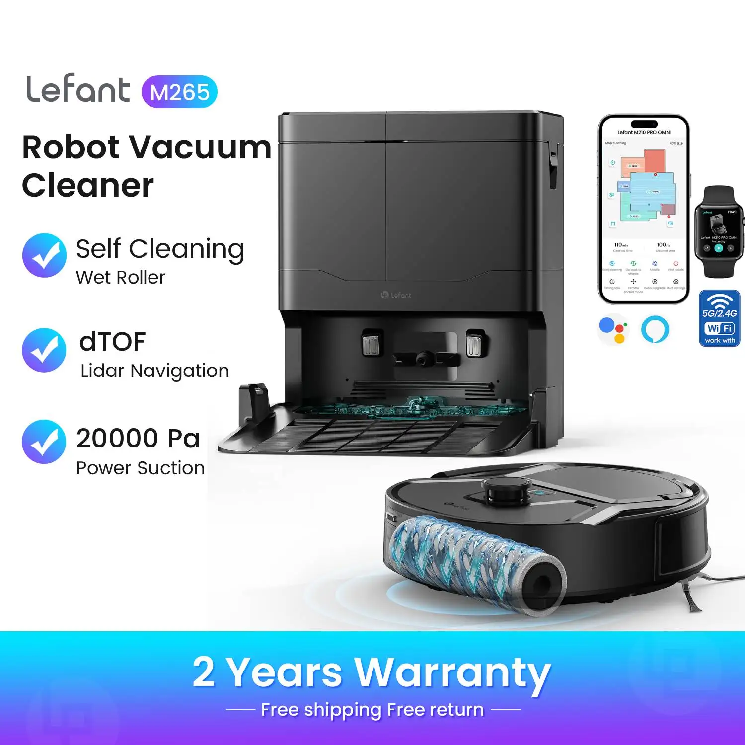 Robot aspirateur Lefant M265 avec cartographie, 18000Pa, rouleau autonettoyant, lavage à l'eau propre, laser dToF, évitement des obstacles, anti-emmêlement, compact, WiFi 2.4G/5G/Alexa/APP 1 Robot aspirateur Lefant M265 avec cartographie, 18000Pa, rouleau autonettoyant, lavage à l'eau propre, laser dToF, évitement des obstacles, anti-emmêlement, compact, WiFi 2.4G/5G/Alexa/APP 1