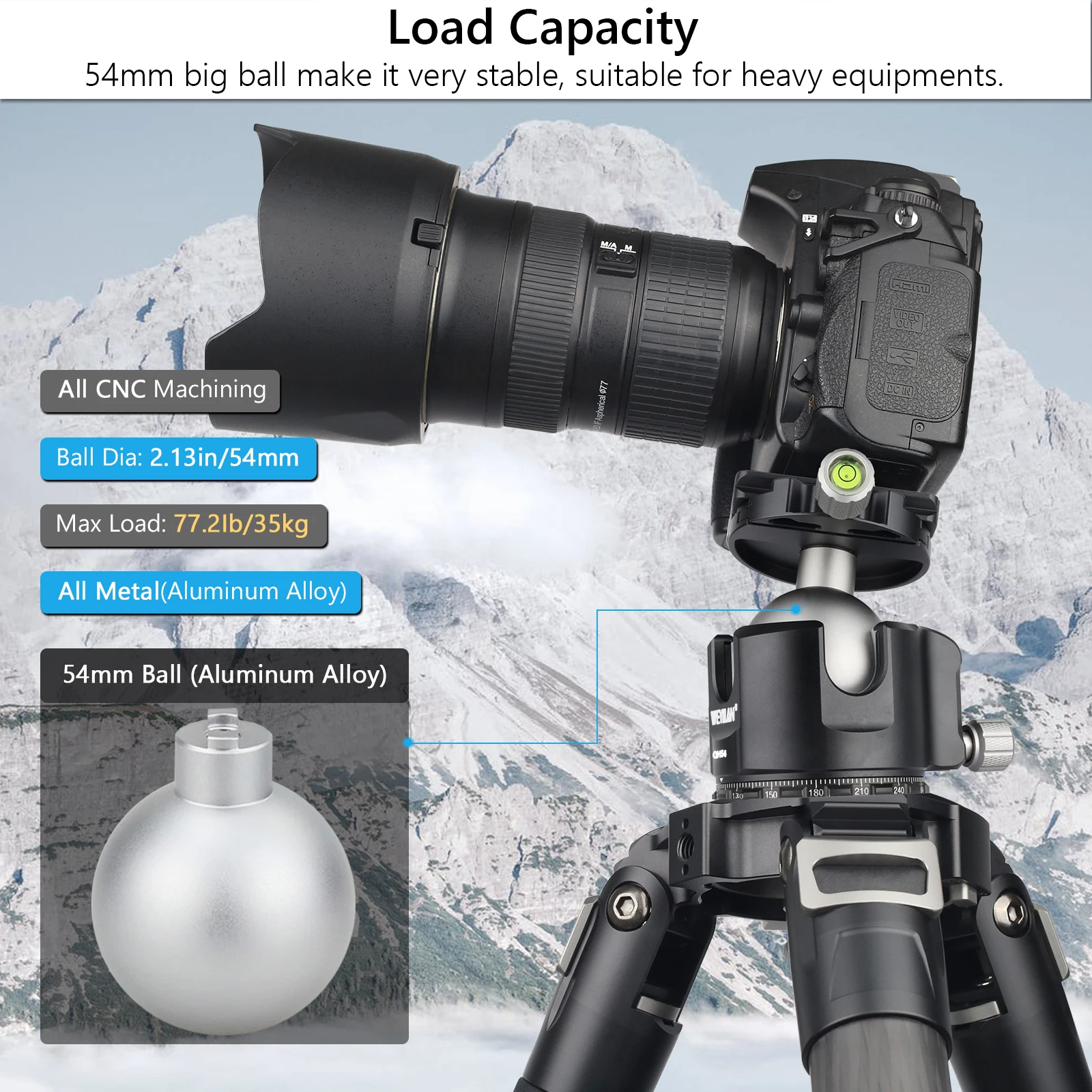 QB54 Tripod Head Professional 54mm Heavy Duty Metal Ball Head 360° Panoramic Cam