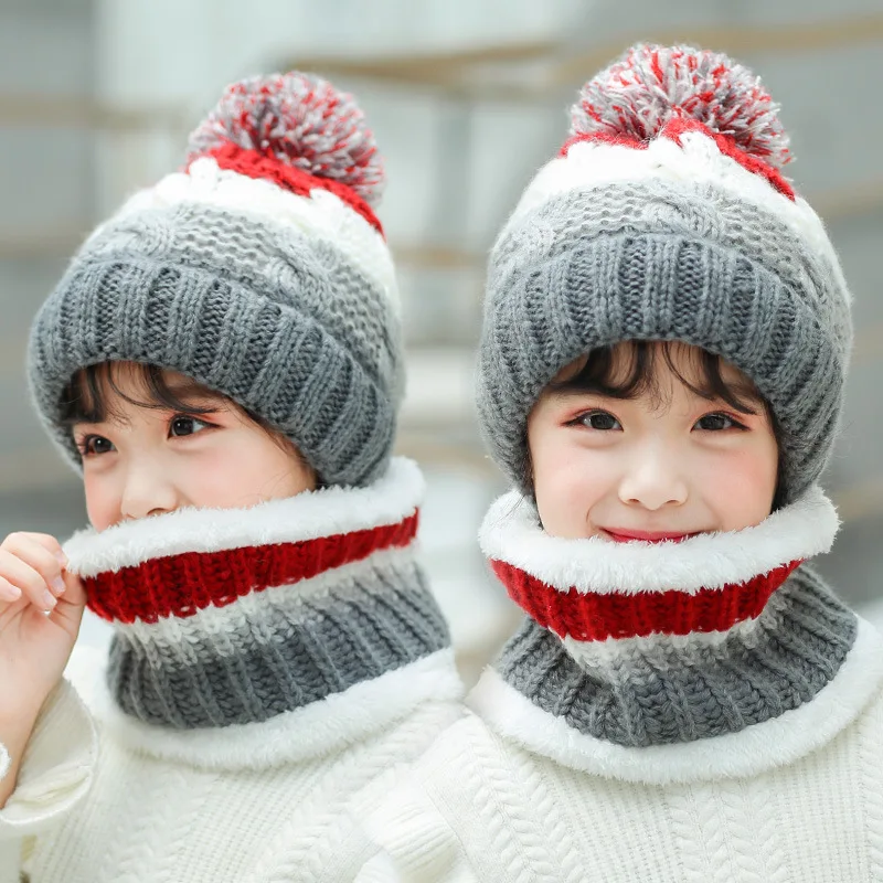 Winter Children Cute Sweet Plus Velvet Thick Wool Knitted Wool Ball Hat Girls Korean Version Warm Scarf Boys Kids Hedging Cap