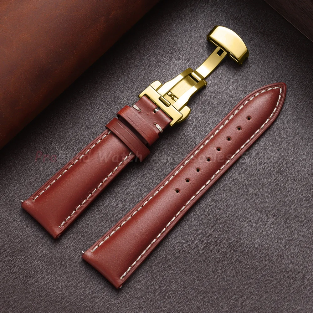 Vintage Brown Oil Wax Leather Watch Strap with Butterfly Buckle - Men's Accessory