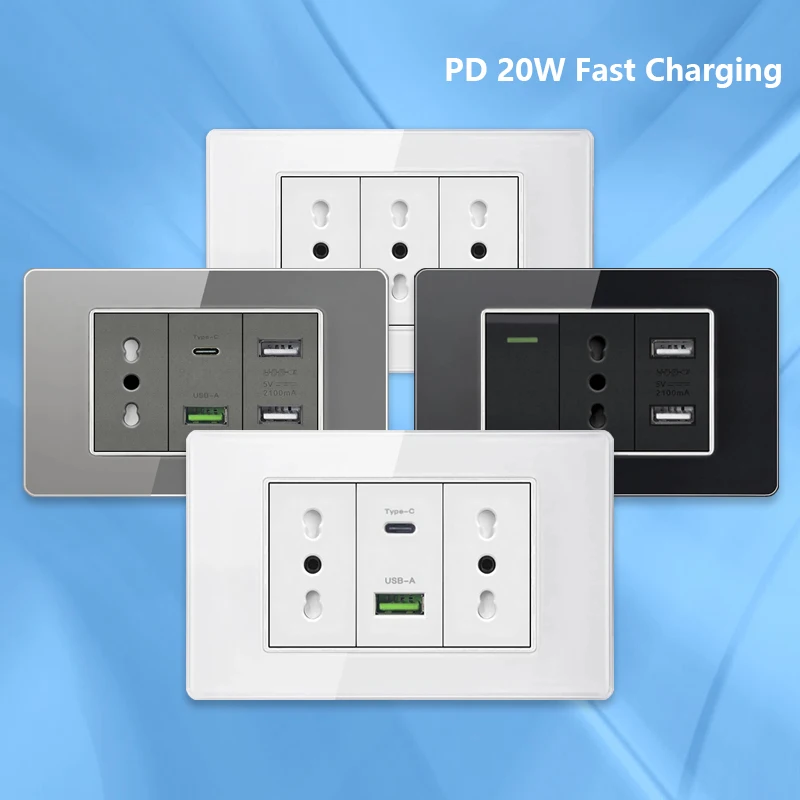 Tomada Italiana Chile com Dual Usb tipo c pd 3.0 20w Painel de Vidro Temperado Branco Interruptor de Luz de Parede Tomada de tv