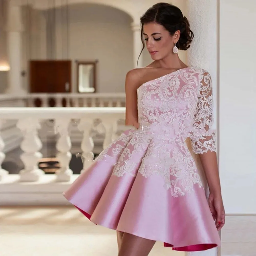 

Elegant One Shoulder Half Sleeve Short Prom Dress Pink Satin A-Line Pleated Party Dresses Appliques Cocktail Gowns For Women