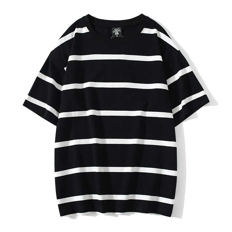 

2023 Summer New Striped Short Sleeve T-shirt for Men's Fashion Simple Loose Couple Pullover Underlay Clothing Round Head Top