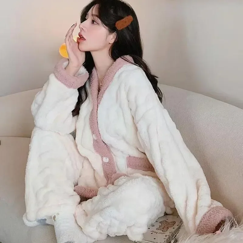 2024 New Coral Velvet Pajamas Women Autumn Winter Long-sleeved Loungewear Bow Jacquard Thickened Warm Homewear Two-piece Suit