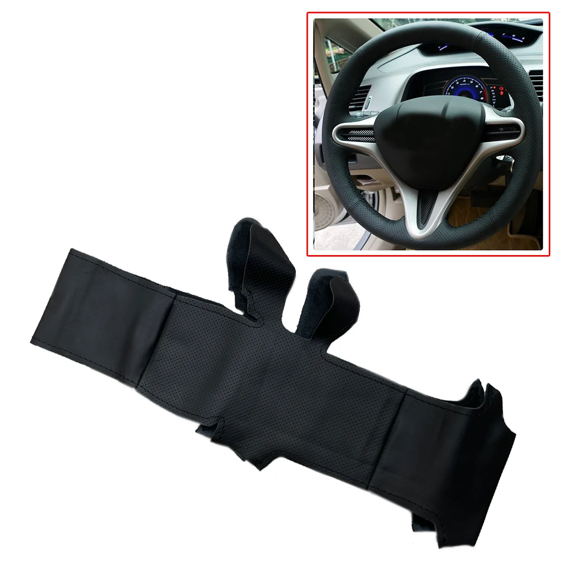 Car Black Microfiber Leather Hand Sewing Steering Wheel Cover Fit For
