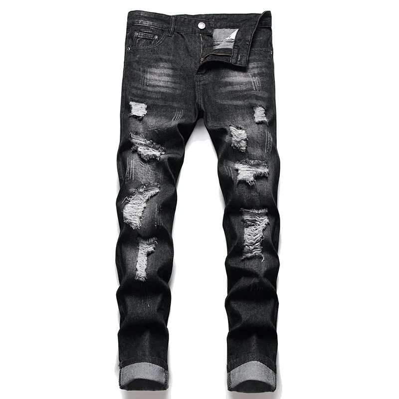 

Men's Ripped Jeans Spring Autumn Designer Slim Fit Black Denim Pants Male Jeans Distressed Trousers pantalon homme