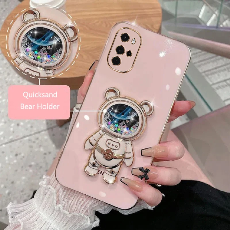 

For Motorola G22 Phone Case Quicksand Cartoon Bear Fold Stand Solid Color Soft Silicone Luxury Plating Cover