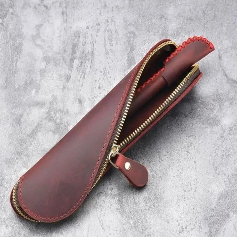 PU Leather Pencil Bag Handmade Pen Pouch Make Up Cosmetic Brush Storage Case Organizer Student Stationery Bag Portable Tool Bag