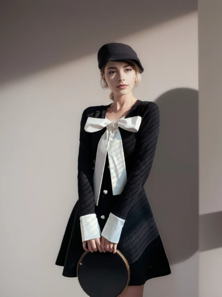 

Women's Knitted Dress Bow Tie Little Black Dress Casual Night Out Vintage Elegant Autumn/Winter New in Women Clothes