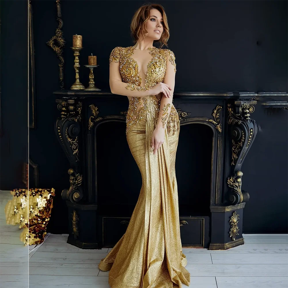 

Sexy gold sparkly luxurious evening dresses lace beaded mermaid long sleeves formal party second reception gowns