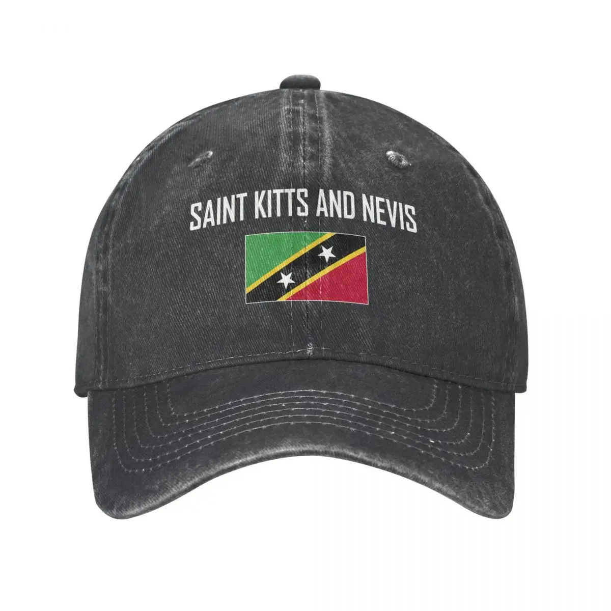 

Men Baseball Cap SAINT KITTS AND NEVIS Flag And Font Charcoal Washed Denim Classic Vintage Cotton Dad Trucker Hat Unisex Adult