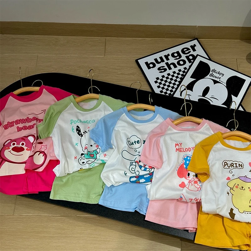 

2024 Cute Kuromi Children Short Sleeve Sanrio Kawaii Anime MyMelody Cinnamoroll Pompompurin Pajamas Sweet Cute Home Set Kid Gift