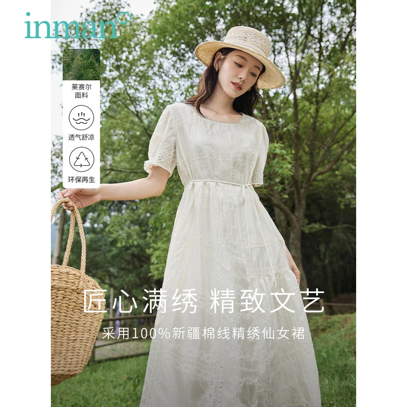 

INMAN Women Dress 2023 Summer Puff Sleeve Lace Square Collar A-shaped Exquisitely Designed Hollowed Out Branch Embroidery Skirt