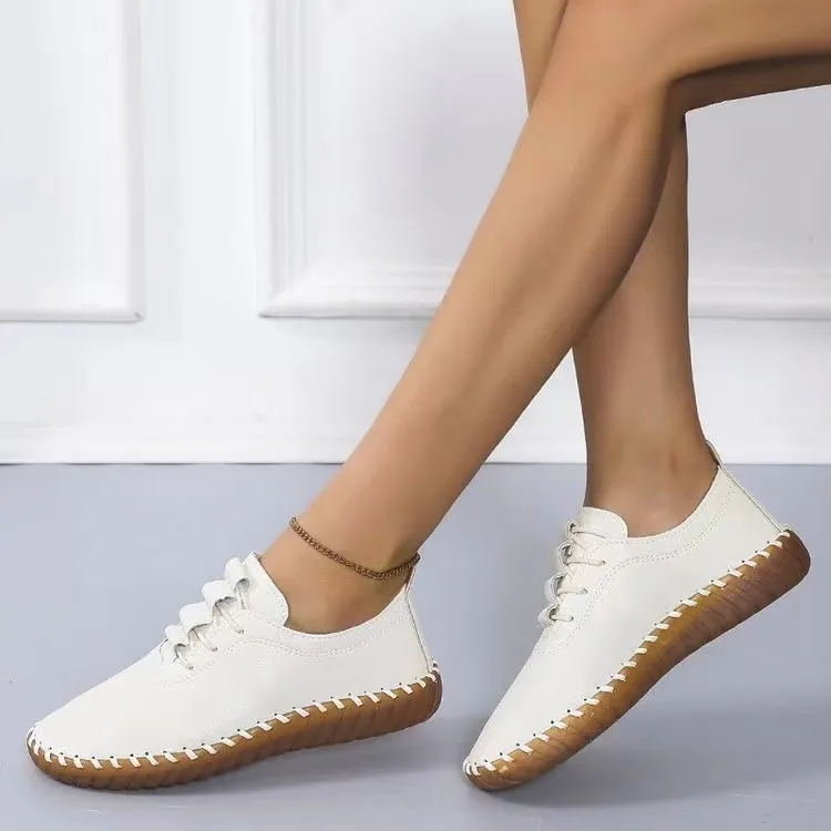New Thick Soles Large Size Explosion Hand-stitched Beef Tendon Soft Sole Mother  Women Casual All Match Single  Sneakers Women