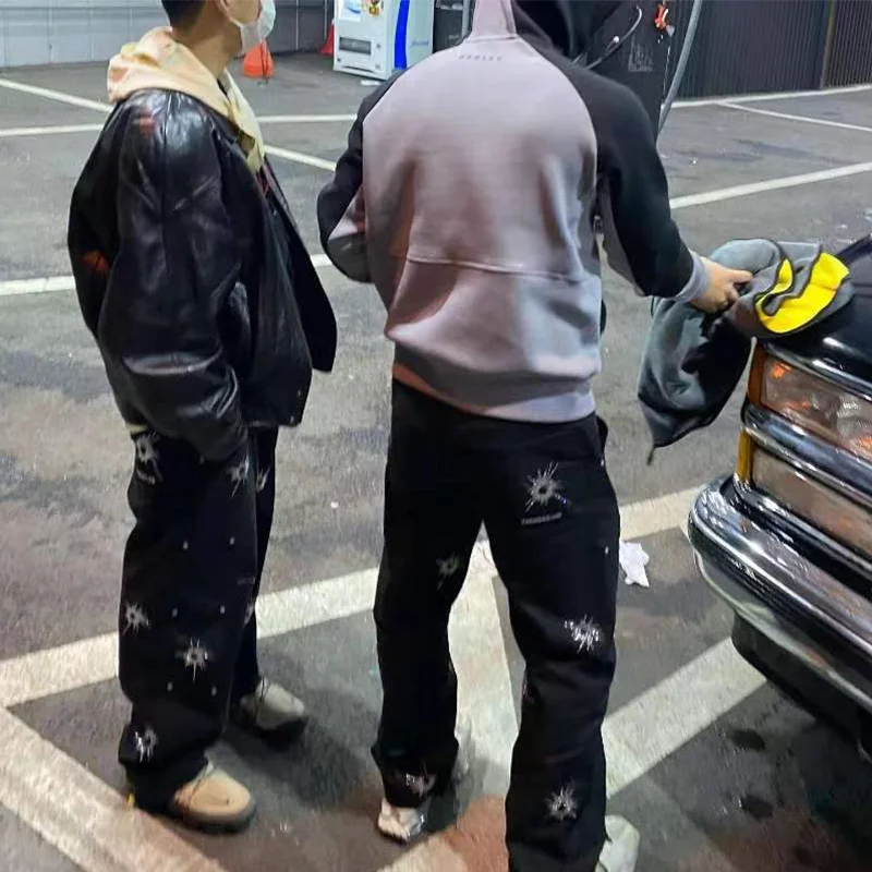 

Dark is a high-quality Gothic niche luxury designer co-branded old money style high brand clothes quinestone perm hole jeans