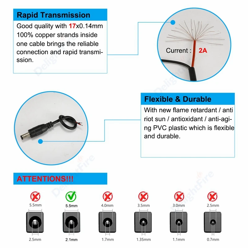 5.5 2.1mm DC 연장 케이블 22 20 18 AWG 연장 코드 12V 남성-여성 전원 어댑터 DC 커넥터 카메라 LED 스트립 DIY용