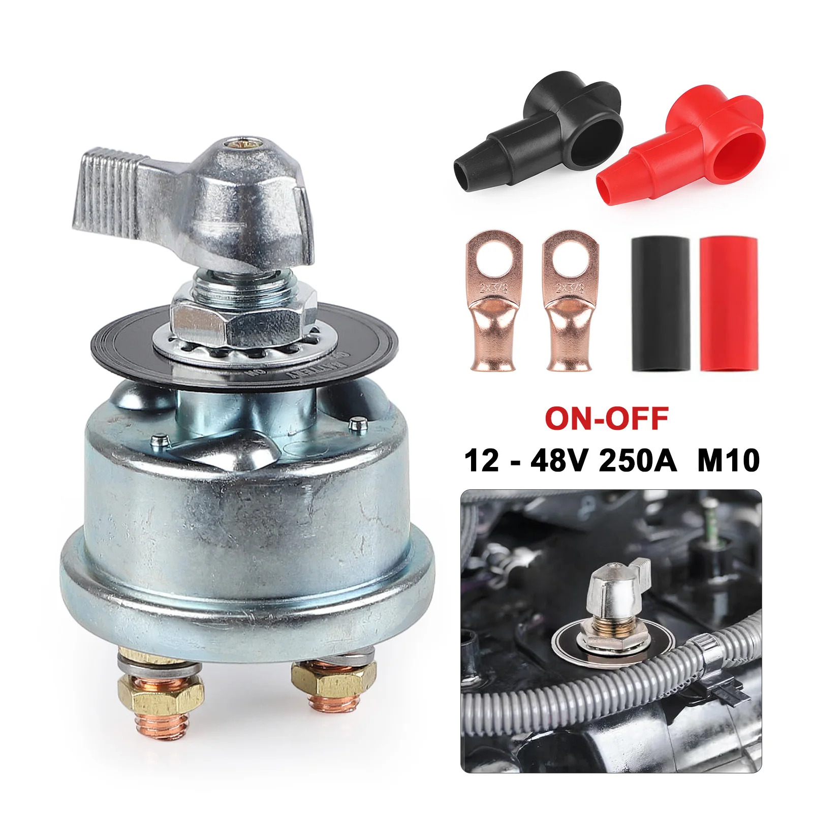 12-48V 250A M10 Silbermetall-Batterietrennschalter für Boot, Auto, Wohnmobil, LKW – Stromunterbrecher-Kit – Detail 5