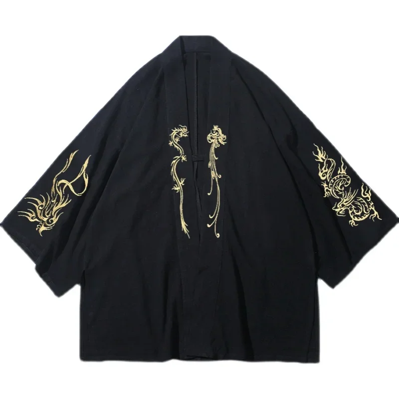 Embroidery Men's Trench Coat Cotton Hanfu Linen Chinese Style Robe Cardigan Jacket Casual Oversized Kimono 5XL Ancient Coat Male