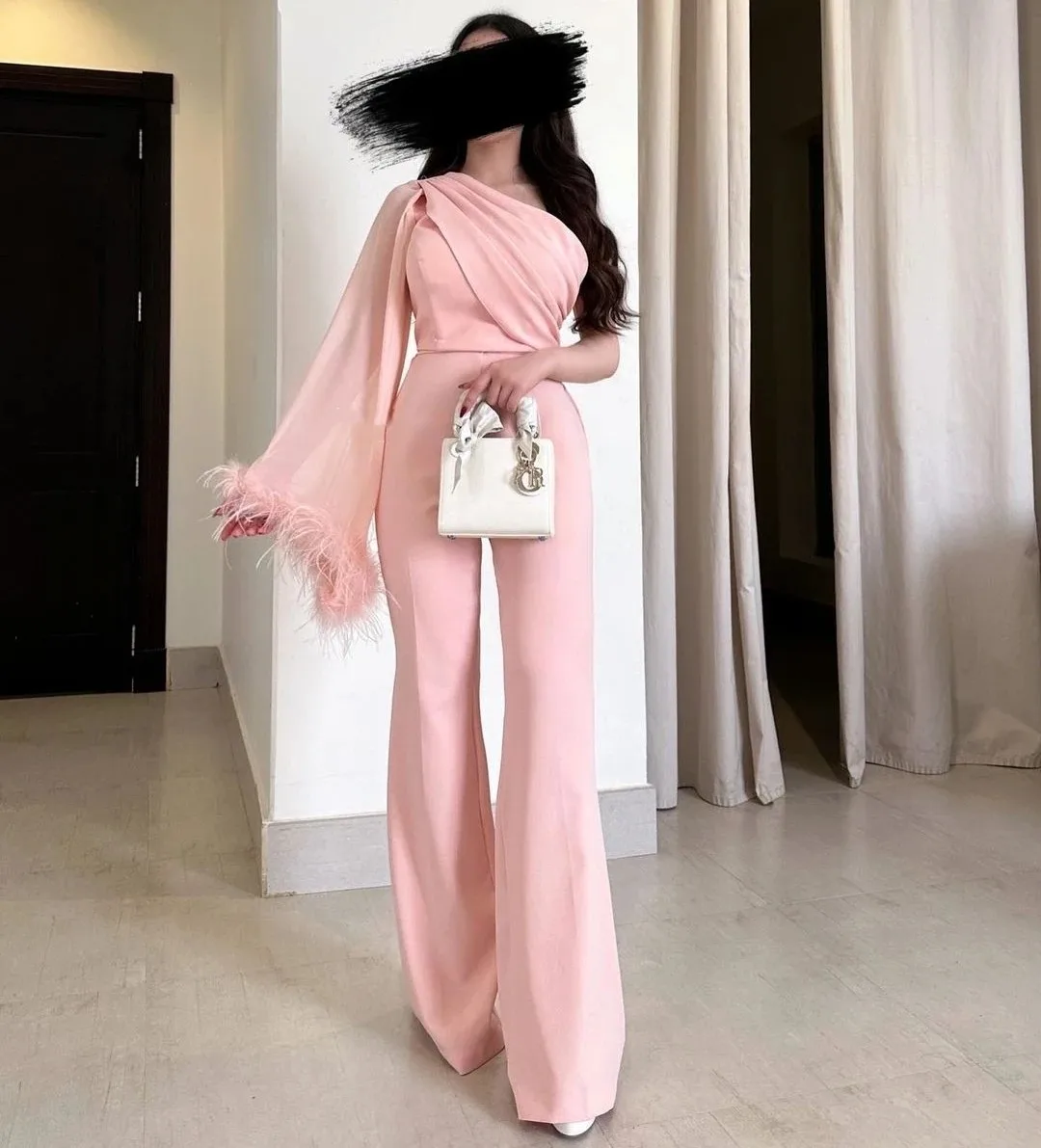 

Flora Dress Prom Dresses Feathers Pink Chiffon One Shoulder Long Sleeve Evening Party Special Banquet Formal Porm Gowns 2023