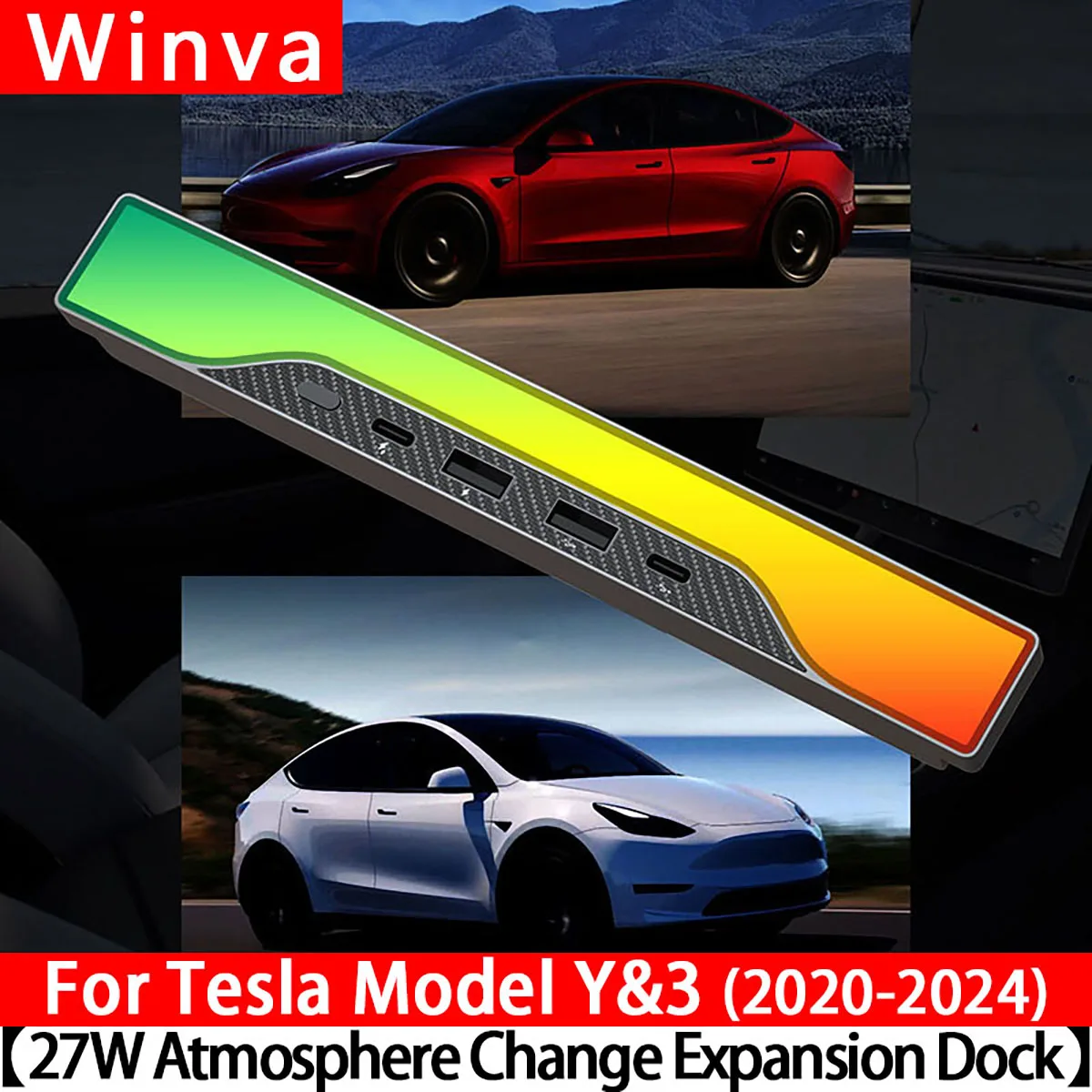 For Tesla Model Y&3 Accessories USB Hub 4-Port 27W Fast Charger Smart Docking St