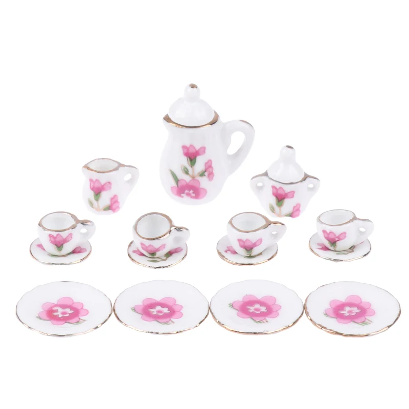 1 Satz antike Puppenhaus Miniatur Keramik Tee Set Tasse Kessel Tablett Blume Geschirr Küche Dekor Spielzeug Puppenhaus Zubehör – Detail 19