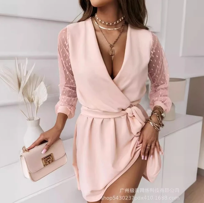 

Elegant Sexy for Women 2024 Spring Summer Medium Length Skirt New Fashion Mesh Patchwork Waist Strap V-Neck Casual Dress