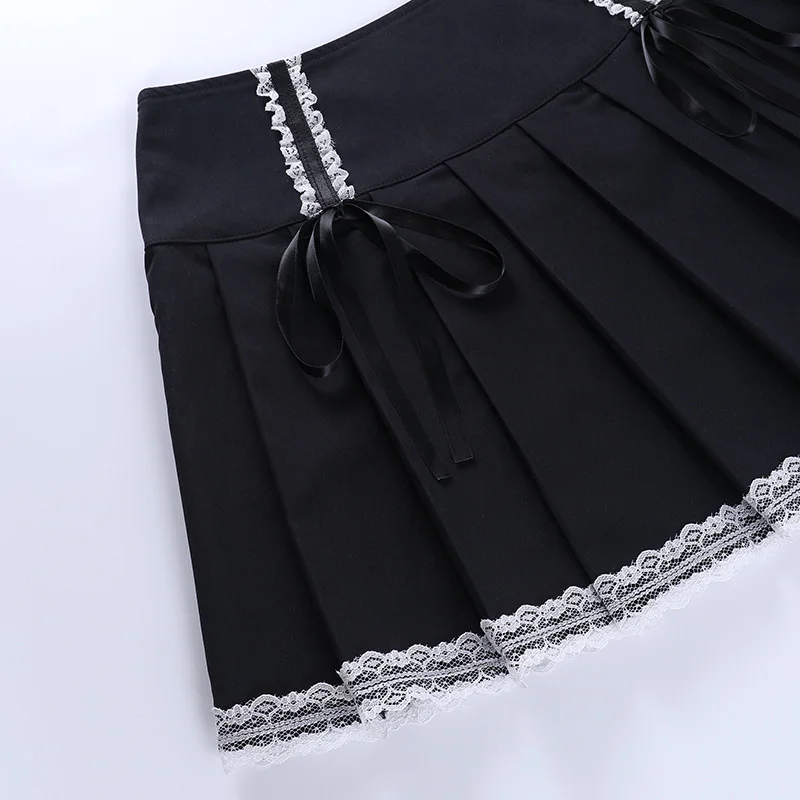 crop top with skirt Preppy Goth Lace Patchwork Pleated Lace Up Vintage Black Japanese Summer Mini High Waist A-line Skirt Womens pleated skirt