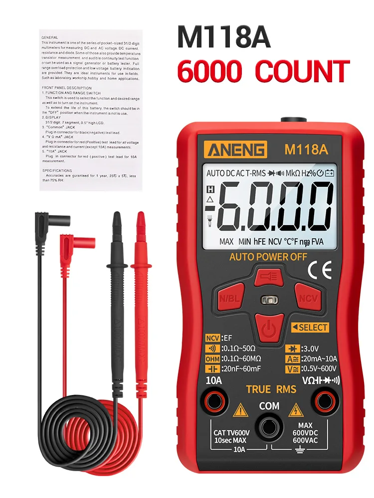 ANENG M118A Digital Mini Multimeter Tester Auto Mmultimetro True Rms Tranistor Meter with NCV Data Hold 6000counts Flashlight digital tape measure Measurement & Analysis Tools