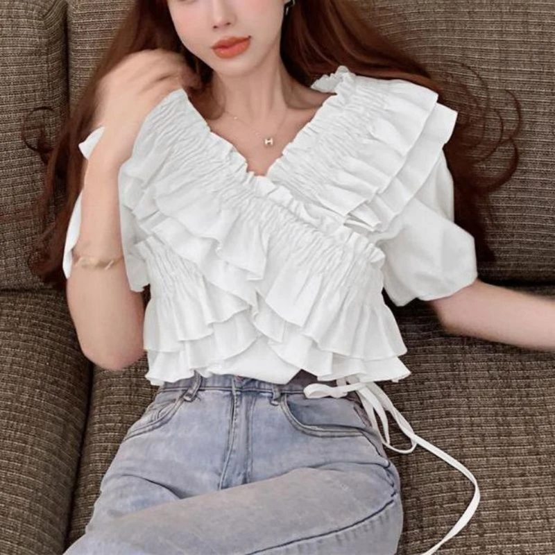 

Summer Daily Womens Girl Shirts Lacy Lotus-V-Neckline Short Puff Sleeves Top N7YF