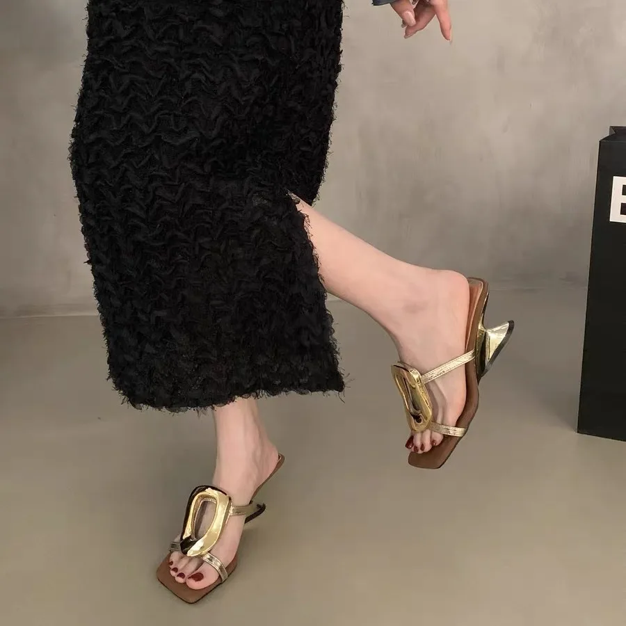 2024 New Gold Slope Heel Women's Slippers Metal Buckle One Word Drag Heels Summer High Heeled Sandals Dress Shoes