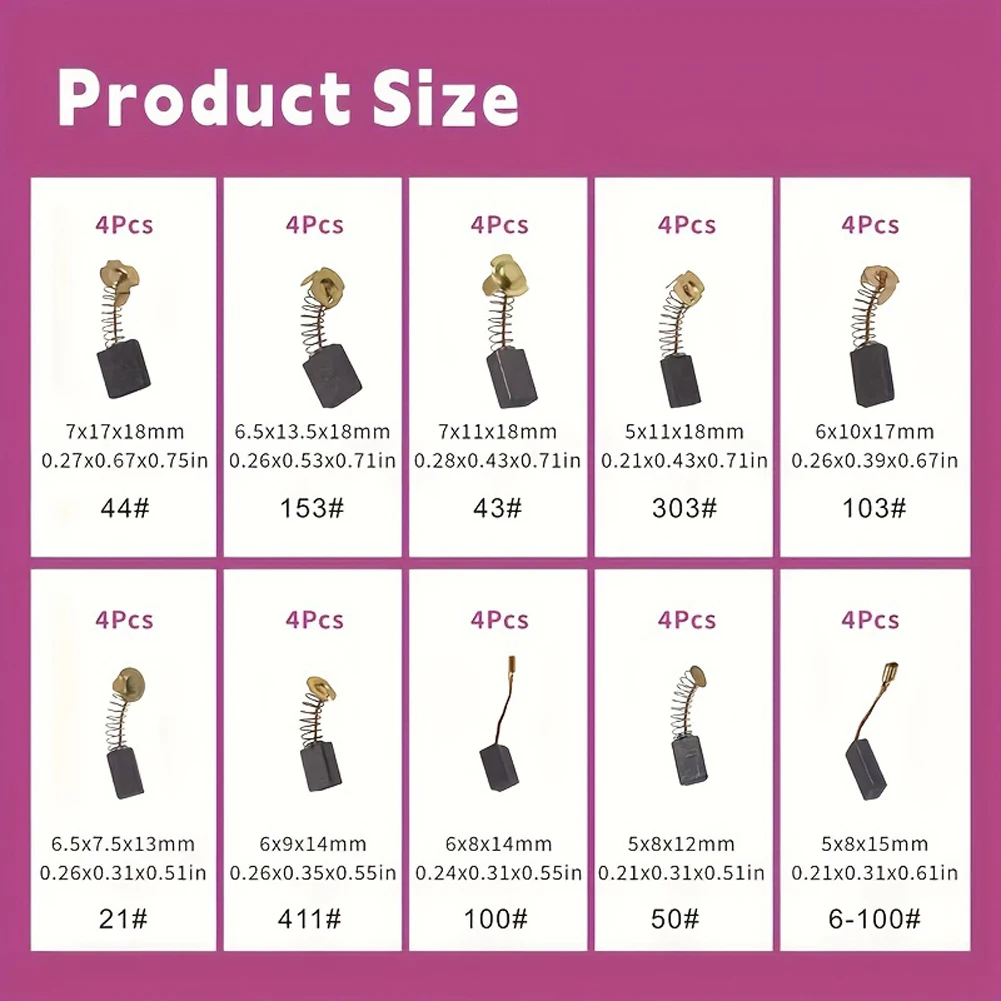 40Pcs Electric Motor Carbon Brushes 10 Different Sizes for Replacement Repair Power Tool Part