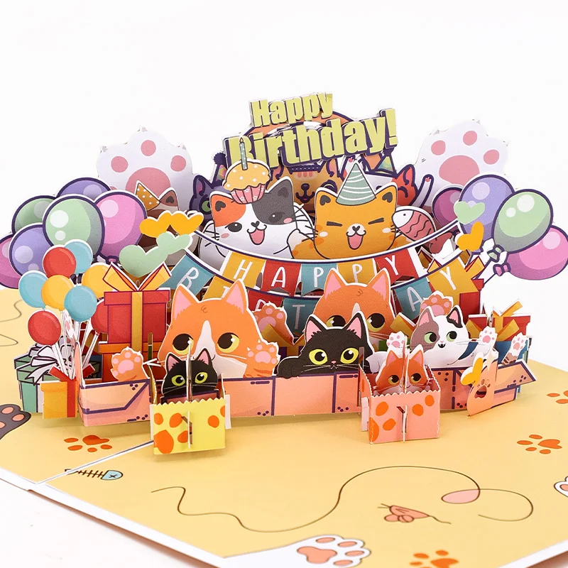 Happy Birthday Card Birthday Cat 3D Pop Up Card Greeting Best Gift for Family Husband Wife Couple Friends greeting cards