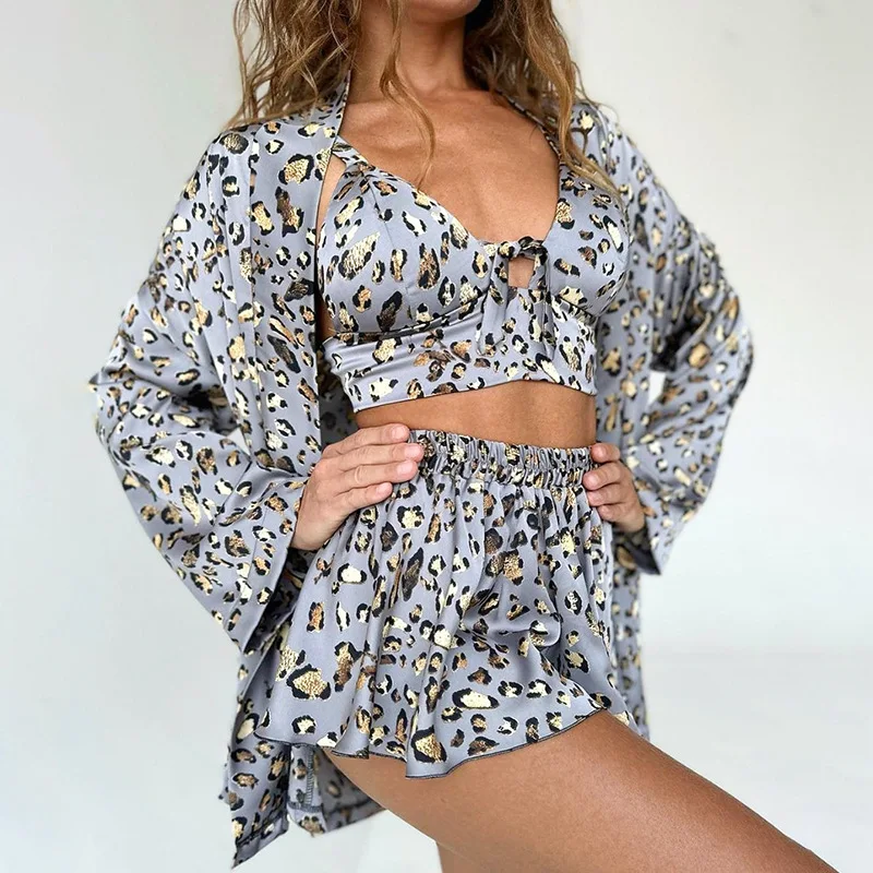 

Spring printed fashionable camisole lingerie long sleeved pajama shorts three piece set sleepwear women sexy nightwear and hot