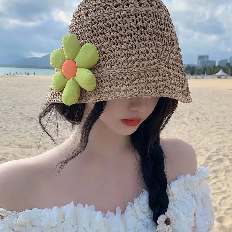 

New Summer Girl Woman Beach Outdoor Sunscreen Casual Fashion Retro Solid Color Flower Simplicity Decorate Weaving Bucket Hats