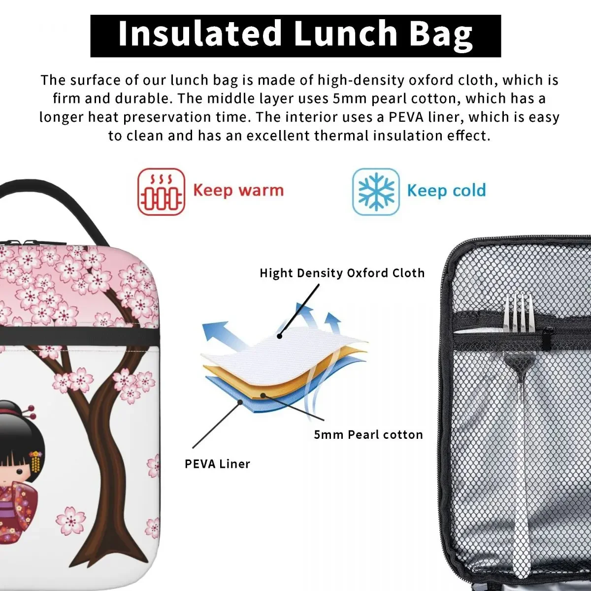 Lunch Bag Cooler Bag Sakura Kokeshi Doll Thermal Insulated Lunch Boxes Japanese Geisha Girl Lunch Bag Container Thermal Cooler Food Box