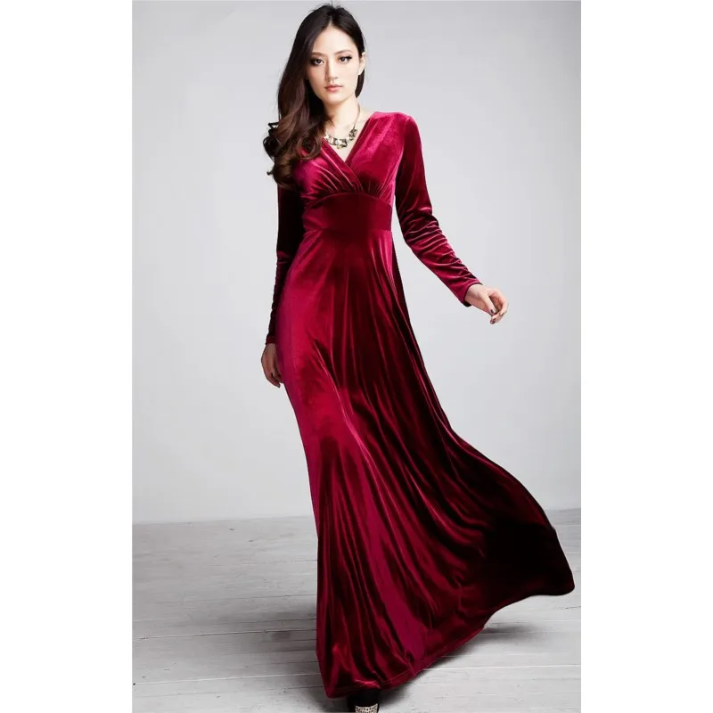 Vestidos máximos de terciopelo con cuello en V y estilo sirena Rojo Tallas Grandes