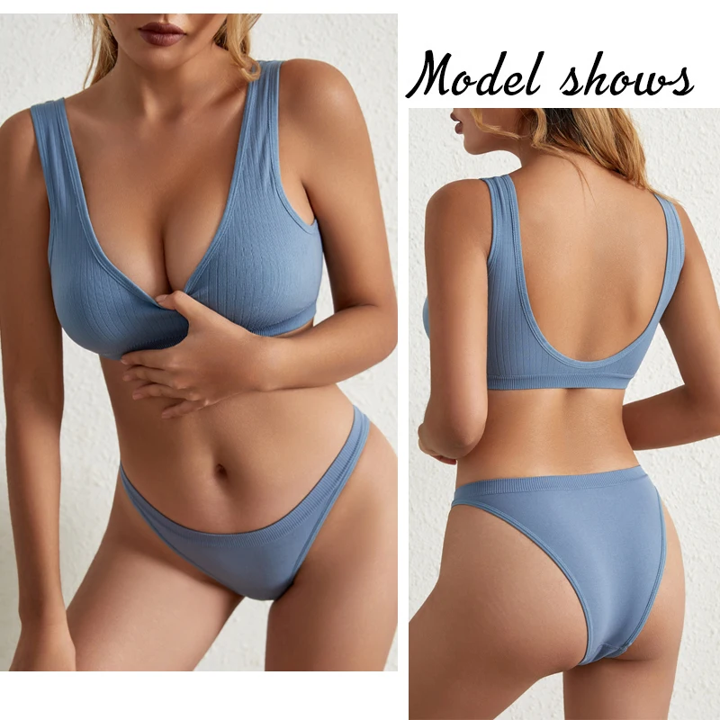 CINOON Women Seamless Bra Set Sexy Lingerie Ribbed Tops Bra Briefs Set Low Waist Panties Wirefree Bralette Female Underwear Set ethika set