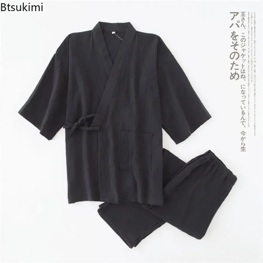 Pajama Sets Japanese Kimono Men's Solid Pajamas Two-pieces Simple Cotton Crepe Cloth Plus Size Lace-up Tops Trousers Home Service Sets